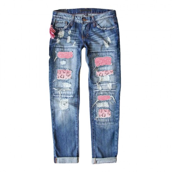 2025 factory direct sales, in stock 5. New Spring Women's Ripped Jeans, Best-Selling Printed Patchwork Casual Pants on AliExpress Amazon