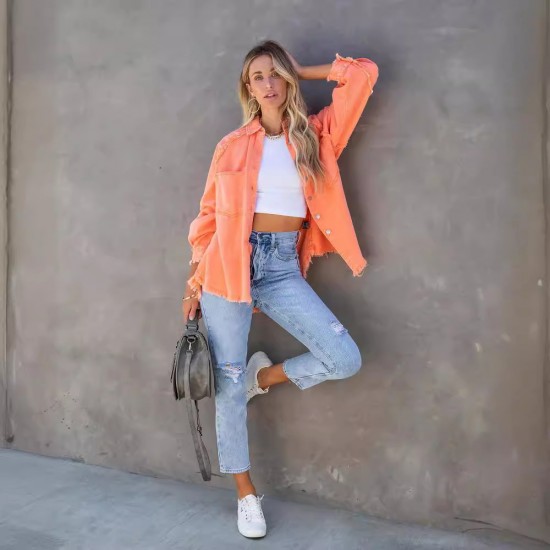 Factory direct 2025 Autumn European and American long-sleeved denim jacket for women, washed, raw-edged, mid-length, loose-fitting jacket in stock.