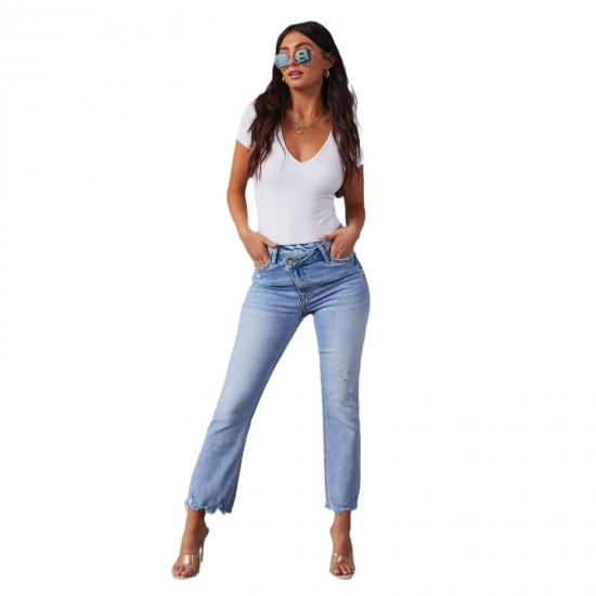 2025 European and American new cross-border foreign trade stretch straight-leg jeans for women, stylish commuter-friendly ripped washed trousers