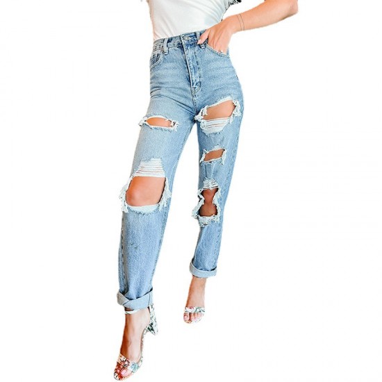 Factory Direct American Straight-Leg Women's Jeans High-Waisted Slimming 2022 New European Imported Foreign Trade Ripped Jeans