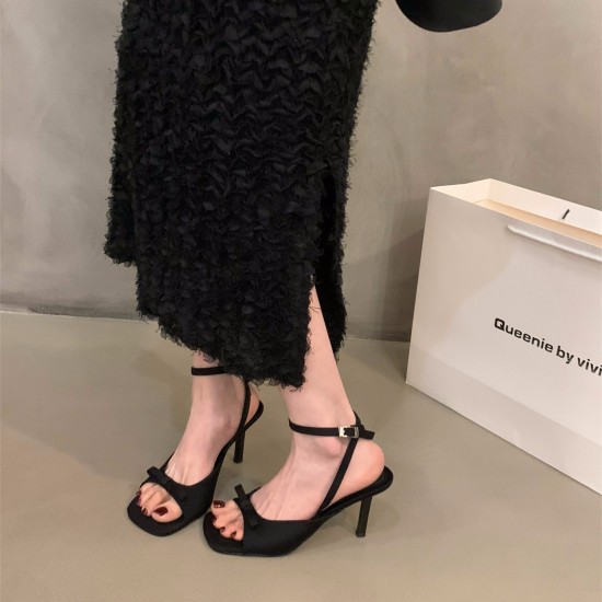 French-style black satin high-heeled sandals, fairy shoes (2024 new style, summer style, with elegant thin-strap Roman shoes) French-style black satin high-heeled sandals, fairy shoes (2024 new style, summer style, with elegant thin-strap Roman shoes)