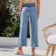 2025 autumn new European and American cross-border buttoned stretch jeans for women, high-waisted, stylish, and slimming washed straight-leg jeans.