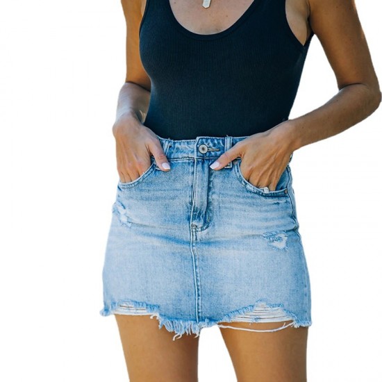 Factory direct sales: 2023 European and American hip-hugging denim skirt, cross-border comfortable and casual ripped A-line skirt with raw edges Factory direct sales: 2023 European and American hip-hugging denim skirt, cross-border comfortable and casual ripped A-line skirt with raw edges