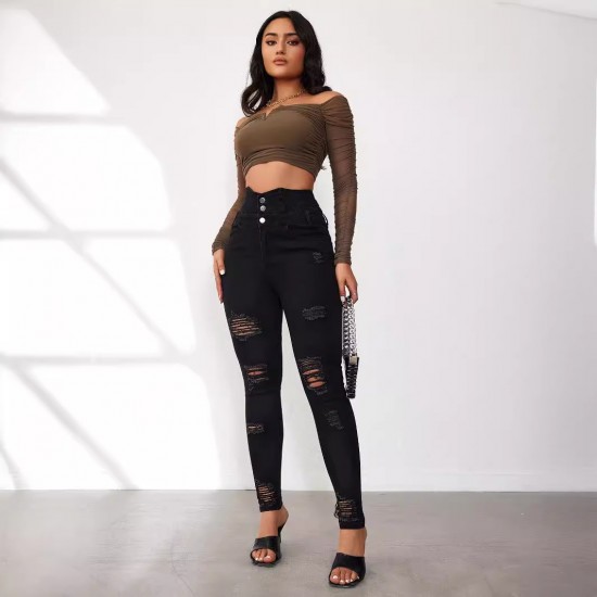 2025 New European and American Cross-Border Super High-Waisted Ripped Jeans: Tight-Leg Slimming Skinny Pants for Women