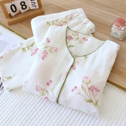 Women's padded pajamas, double-layered gauze, bra-free, long-sleeved, thin cotton loungewear, spring and autumn set