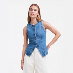 2025 summer new European and American cross-border trade sleeveless slim-fit denim vest for women, round-neck waistcoat