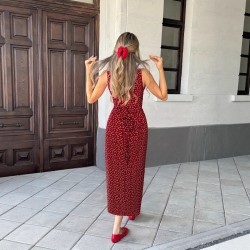 2025 hot-selling French floral maxi dress, lapel, heart-shaped contrast midi dress, slimming waist, sleeveless dress.