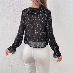 Fashionable ruffled polka dot V-neck shirt for women. 2025 Summer New French-Style, Age-Reducing Patchwork Top for Women