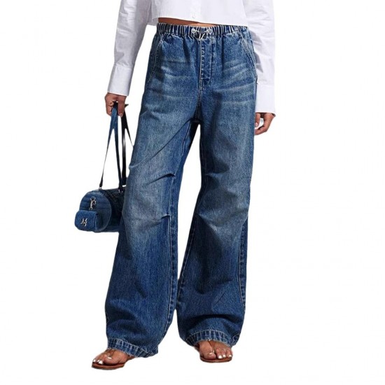 2025 spring new European and American cross-border mid-waisted wide-leg pleated loose jeans for women, street retro straight-leg pants