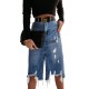2025 Summer European and American Denim Skirt for Women, Washed Irregular Ripped Fringed Midi Skirt, High-Waisted Distressed
