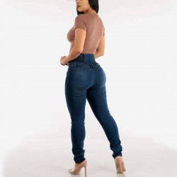 2025 new cross-border European and American style stretch slim-fit jeans for women, button-down, pencil-cut High-waisted, hip-lifting trousers