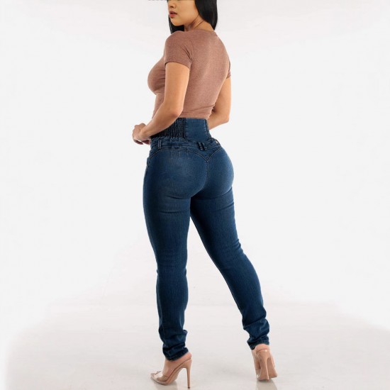 2025 new cross-border European and American style stretch slim-fit jeans for women, button-down, pencil-cut High-waisted, hip-lifting trousers