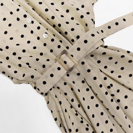European and American women's polka-dot retro short-sleeved maxi dresses with a belt and decorative buckle for a slimming, fashionable dress.