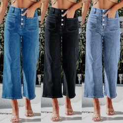 2025 autumn new European and American cross-border buttoned stretch jeans for women, high-waisted, stylish, and slimming washed straight-leg jeans.
