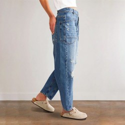 In stock: 2025 new European and American cross-border retro ripped jeans, casual patchwork banana pants, loose straight-leg pants for women.