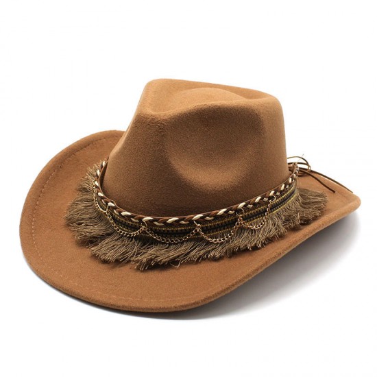 Cross-border retro ethnic-style tassel felt hat, jazz flat-brimmed hat for men and women, British woolen hat