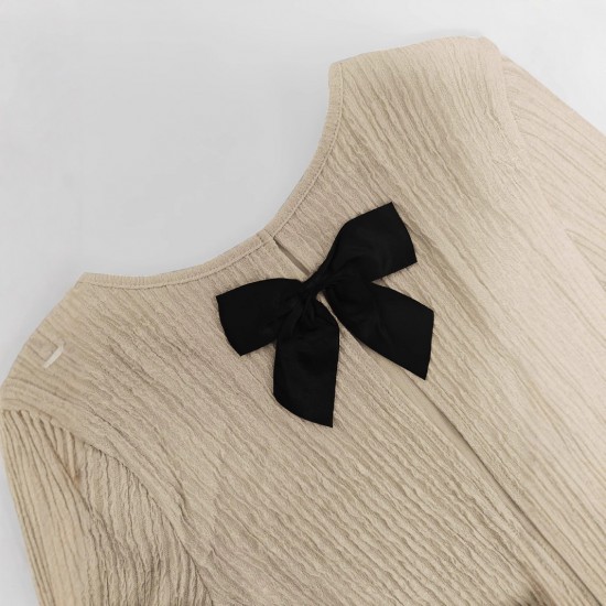 Women's suit with a hollowed-out bow at the back, 2025 summer elegant round-neck long-sleeved top and trousers, two-piece set.