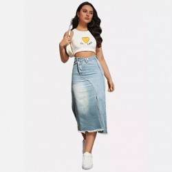 New Spring/Summer New Cross-Border American Retro Denim Skirt for Women, Fashionable Slit-Spliced ​​Midi A-Line Skirt