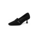 Female closed-toe half-slippers with built-in height-enhancing bows, sweet, shallow-cut Mary Janes with rhinestone straps.
