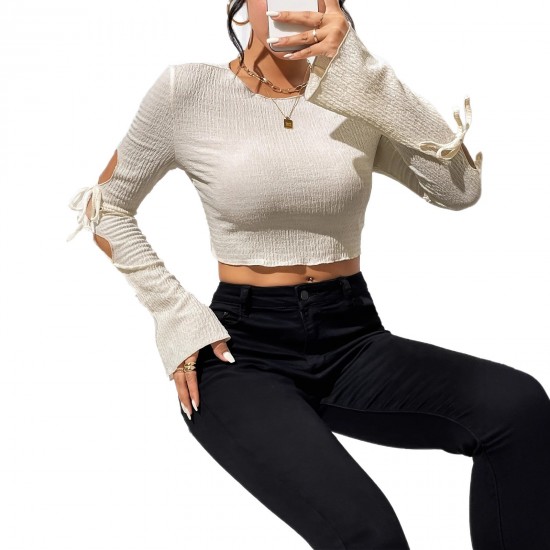2025 autumn hollow knot side tie flared sleeve T-shirt for women. Knitted, ladylike, slim-fitting long-sleeved top.
