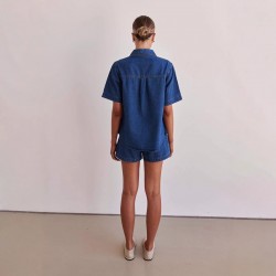 Casual style 2025 summer new cross-border foreign trade washed retro solid color short-sleeved shirt and shorts denim suit for women