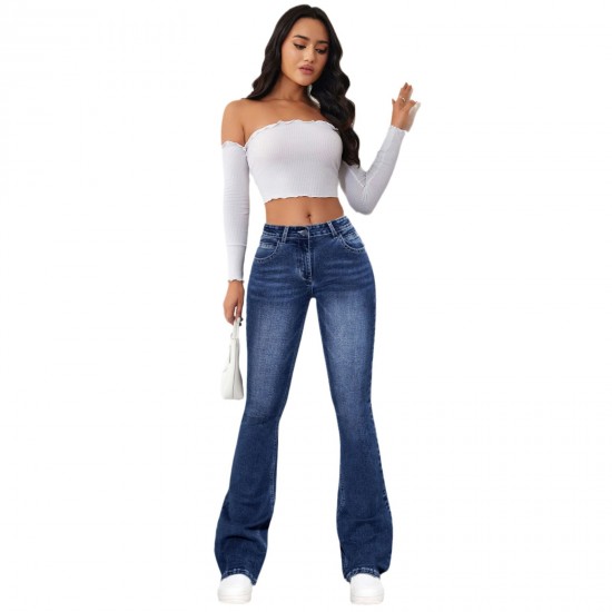 Factory Direct 2025 European and American Cross-Border Elegant Commuter Jeans for Women, Washed, Slimming, Flared Pants
