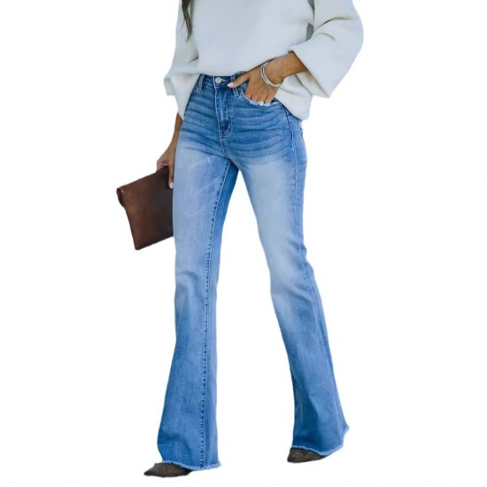 2025 Fall/Winter New European and American Cross-Border Elegant Commuter Stretch Denim Solid Color Bootcut High-Waisted Women's Jeans