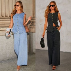 Cross-border European and American fashionable and elegant new button-down sleeveless vest, wide-leg denim suits, now in stock on Amazon.