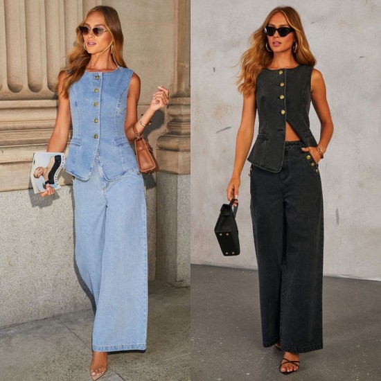 Cross-border European and American fashionable and elegant new button-down sleeveless vest, wide-leg denim suits, now in stock on Amazon. Cross-border European and American fashionable and elegant new button-down sleeveless vest, wide-leg denim suits, now in stock on Amazon.