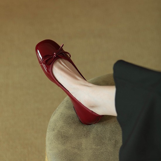 2023 retro bow patent leather moccasins for women, summer and autumn square-toed burgundy block heels