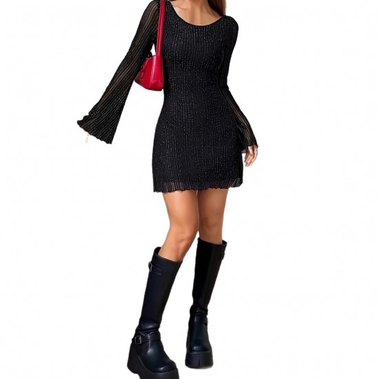 Sequined, long-sleeved, short skirt. Cross-border, European and American, elegant, slim-fitting, sexy, mesh, high-waisted, backless, waist-cinching dress.