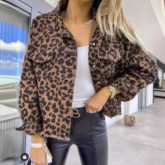 2025 new European and American spring and autumn denim jackets, leopard print, long-sleeved, short, loose-fitting, casual jackets for women, now in stock.