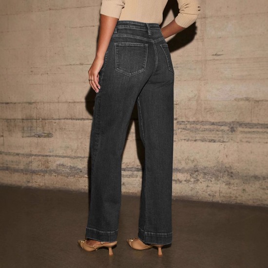 2025 spring new European and American high-waisted jeans for women, slimming, wide-leg, retro, elegant straight-leg pants.