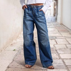 2025 spring new European and American cross-border mid-waisted wide-leg pleated loose jeans for women, street retro straight-leg pants
