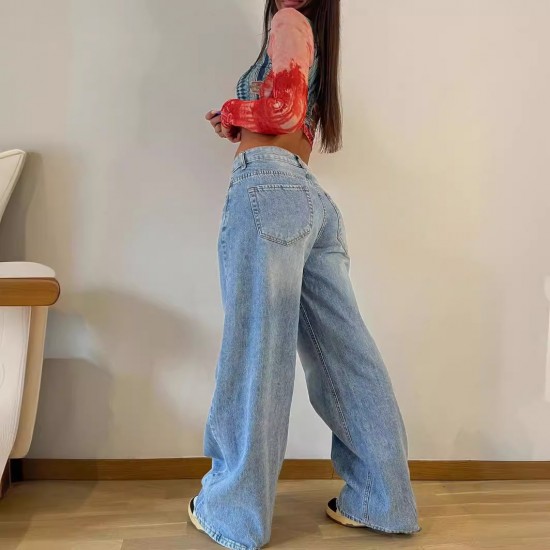 2025 new European and American cross-border retro American-style long wide-leg pants, hot girl loose jeans, high-waist straight-leg pants