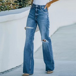 Factory direct sales, 2022 autumn new high-waisted jeans for women Washed and ripped wide-leg European and American denim trousers