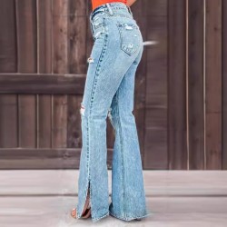 Factory direct sales of 2025 new cross-border European and American women's jeans, high-waisted, ripped, slightly flared, slit pants
