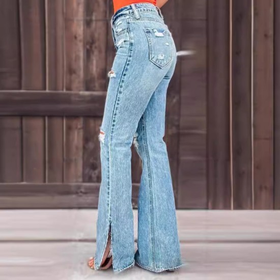 Factory direct sales of 2025 new cross-border European and American women's jeans, high-waisted, ripped, slightly flared, slit pants