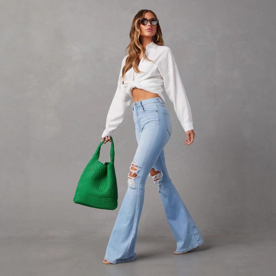 Factory direct sales of 2025 new cross-border European and American high-waisted, ripped jeans for women, street style, flared pants.