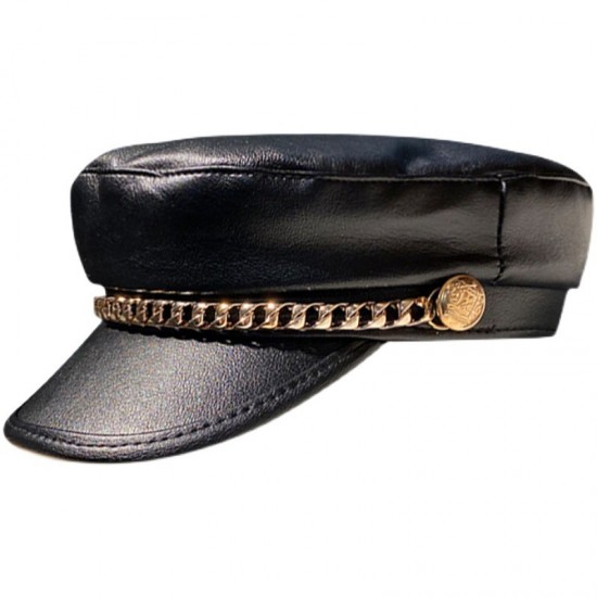 Chained leather beret for women, British retro octagonal hat, Japanese influencer Korean style, versatile PU leather painter hat