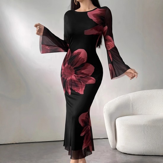 Cross-border elegant, stylish, long dress, slim-fitting, retro-printed, slightly flared, long-sleeved, mesh dress for women. Cross-border elegant, stylish, long dress, slim-fitting, retro-printed, slightly flared, long-sleeved, mesh dress for women.