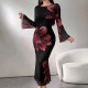 Cross-border elegant, stylish, long dress, slim-fitting, retro-printed, slightly flared, long-sleeved, mesh dress for women. Cross-border elegant, stylish, long dress, slim-fitting, retro-printed, slightly flared, long-sleeved, mesh dress for women.