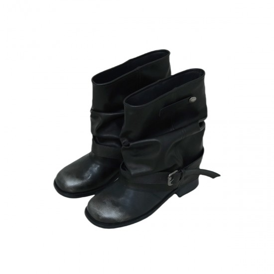 Women's western cowboy boots, pleated black, round-toe, vintage, thick-heeled knight boots. Women's Boots