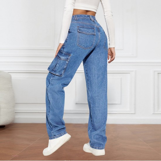 2025 New Cross-border Foreign Trade American Retro Mid-Rise Multi-Pocket Workwear Jeans for Women Casual Straight-Leg Trendy