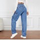 2025 New Cross-border Foreign Trade American Retro Mid-Rise Multi-Pocket Workwear Jeans for Women Casual Straight-Leg Trendy