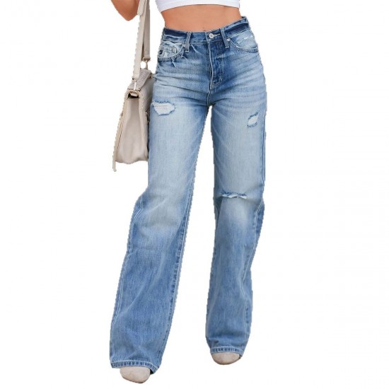2025 New European and American Amazon Cross-Border Loose, Versatile and Comfortable Women's high-waisted straight-leg ripped jeans
