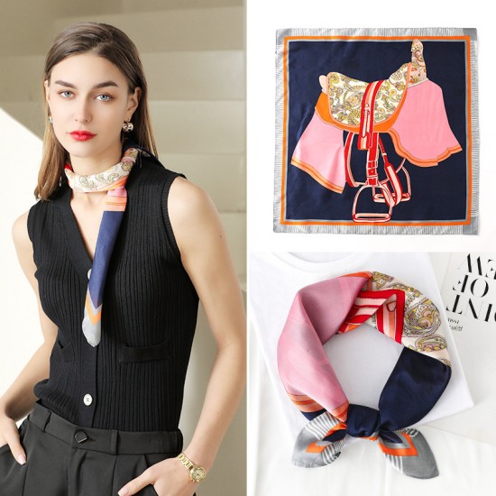 Silk scarves for summer 2025, new plaid saddle print, double-sided, 70s small silk square scarves, wholesale, retro, tied, and ribbon-like
