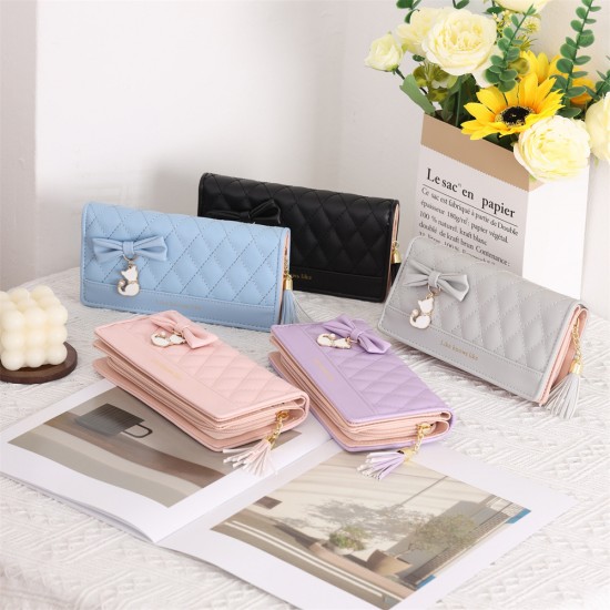 Lianbu's hot-selling Korean-style women's wallet, long bow-knot diamond zippered tassel cell phone bag, large capacity clutch.