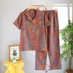 New women's nightdress, pure cotton double-layered crepe, long-sleeved, thin bath skirt, loose spring and summer pajamas, all-cotton loungewear set