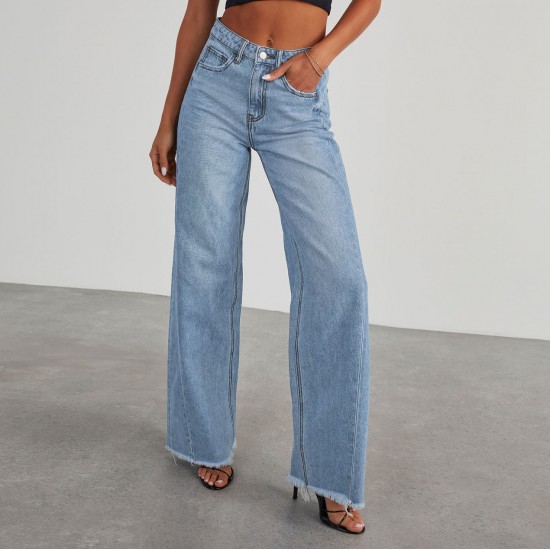 2025 new cross-border Amazon independent foreign trade women's denim trousers. Washed wide-leg denim pants